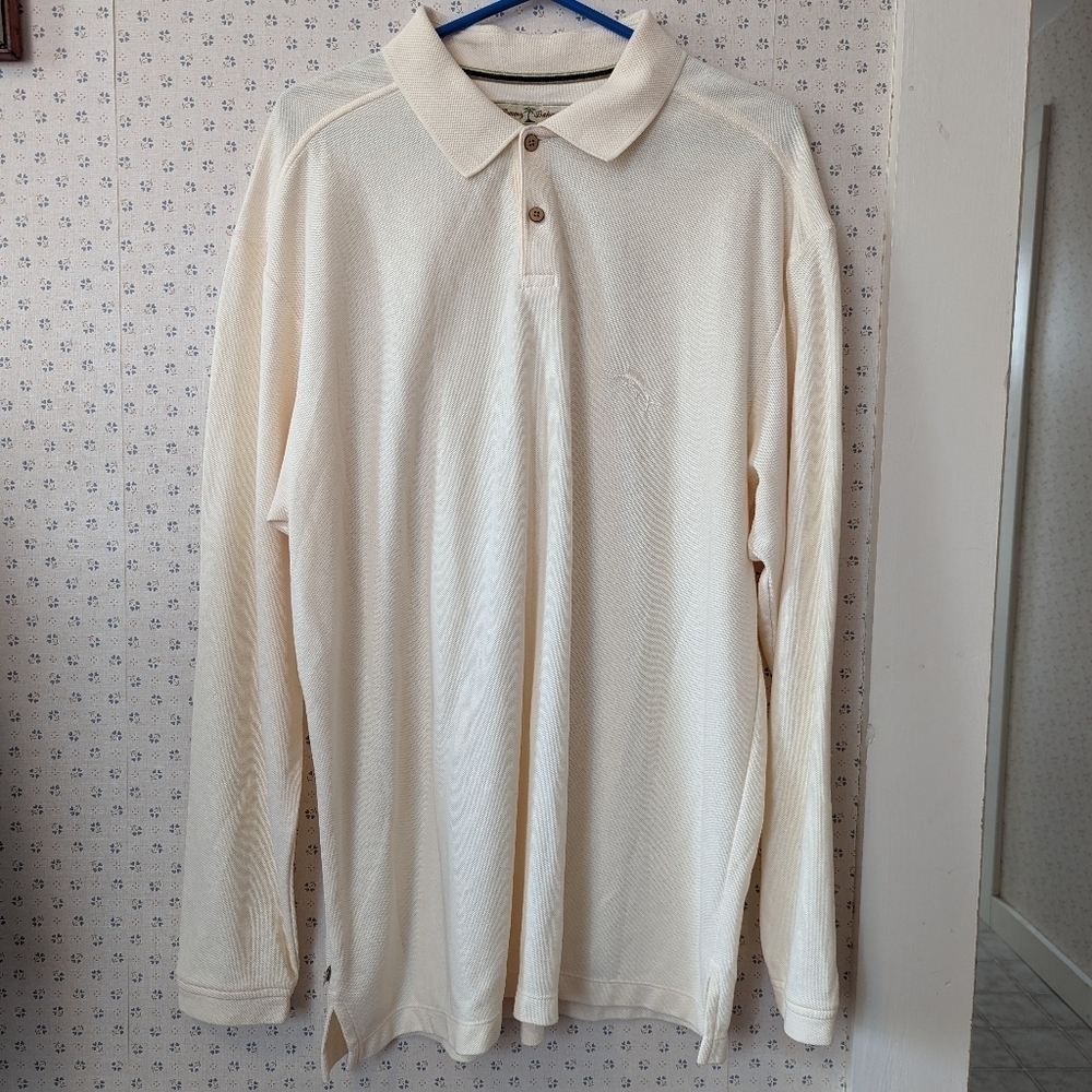 Tommy Bahama Shirt Men's XL button cotton poly barracuda emblem butter yellow